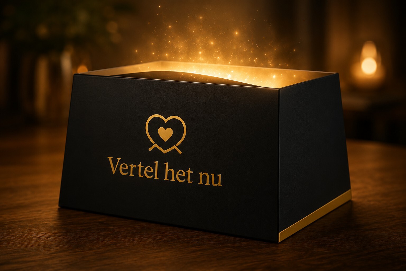 De zwarte kluisdoos van Vertel het nu, geopend met een gouden gloed en sprankels, op een houten tafel bij kaarslicht.