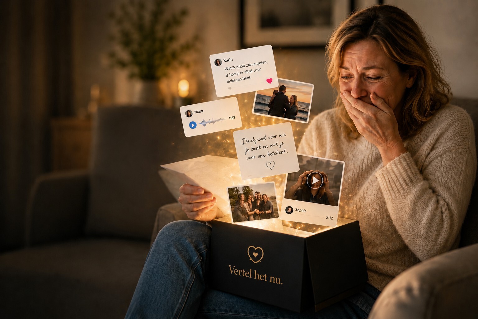 Een vrouw ontroerd door berichten, foto's en audioboodschappen die uit haar geopende herinneringskluis tevoorschijn komen.